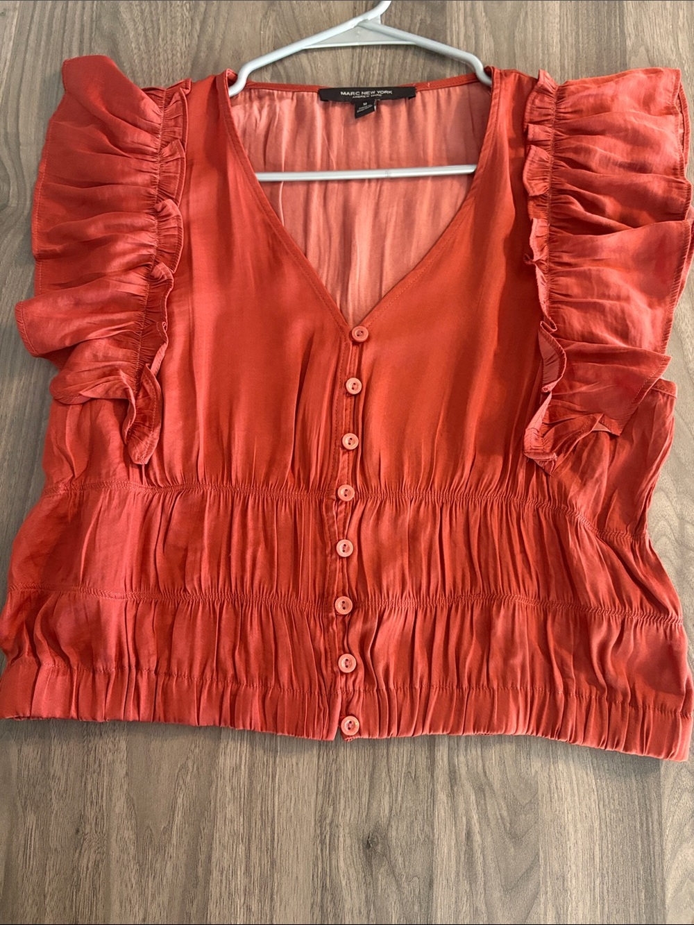 Andrew Marc Rust Ruffle-Sleeve Button Front Blouse - Picture 9 of 15